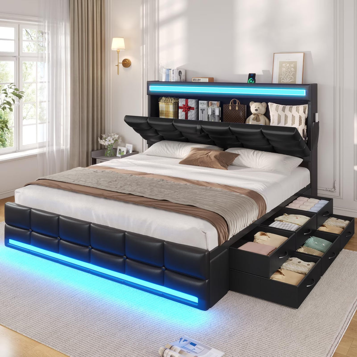 Queen Size Bed Frame with LED Lights Headboard and 12 Storage Drawers, Bookcase, Upholstered Platform Bed Queen with Charging Station, No Box Spring